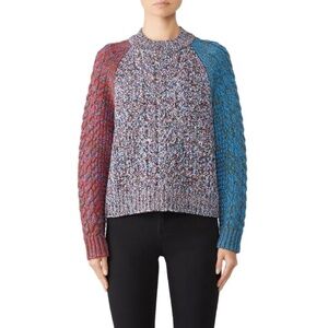 Jil Sander Multicolor Cable Knit Crewneck Sweater with Blue and Red Sleeves